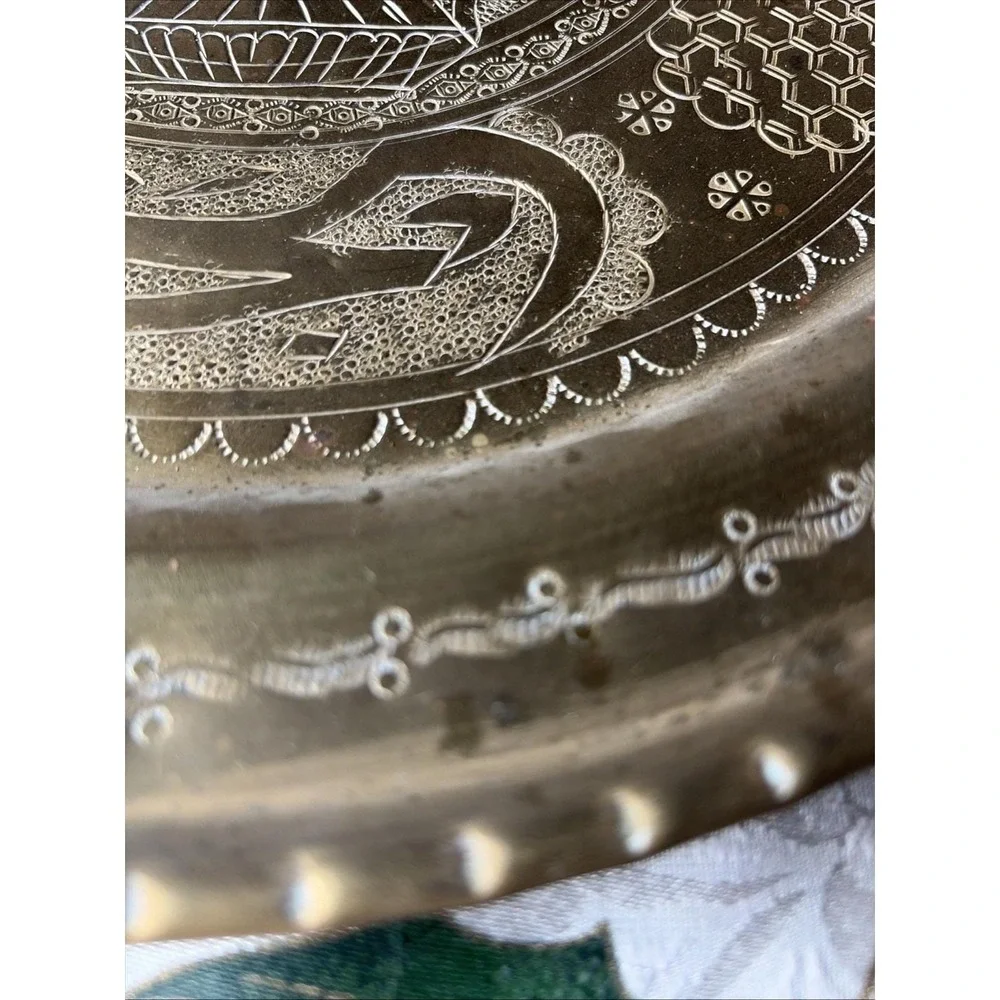 vtg Middle Eastern/Islamic style brass tray‎ etched Arabic calligraphy & Pot 15